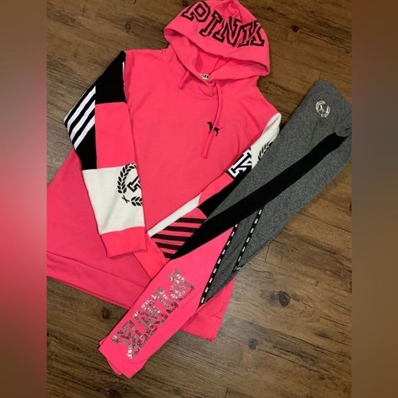 PINK VS COLORBLOCK NEON CAMPUS CROSSOVER HOODIE / BLING LEGGINGS OUTFIT S - Picture 2 of 13